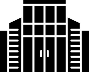B&W building icon in glyph style.
