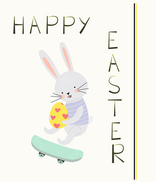 The Easter Bunny rides a skateboard and holds a painted egg in his paws. Easter Egg. Happy easter. Horizontal poster, Easter greeting card, Happy Easter banner.

