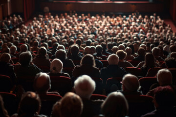 Large group of people sitting in theater - obrazy, fototapety, plakaty