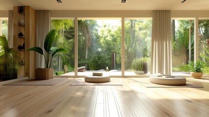 A serene yoga studio with bamboo floors, floor-to-ceiling windows overlooking a tranquil garden, and soft, diffused lighting perfect for finding inner peace.