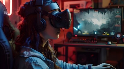 woman wearing a VR headset and playing a video game, illustration, Generative, AI