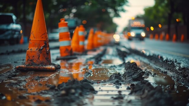 muddy and broken road in the city, construction of road 