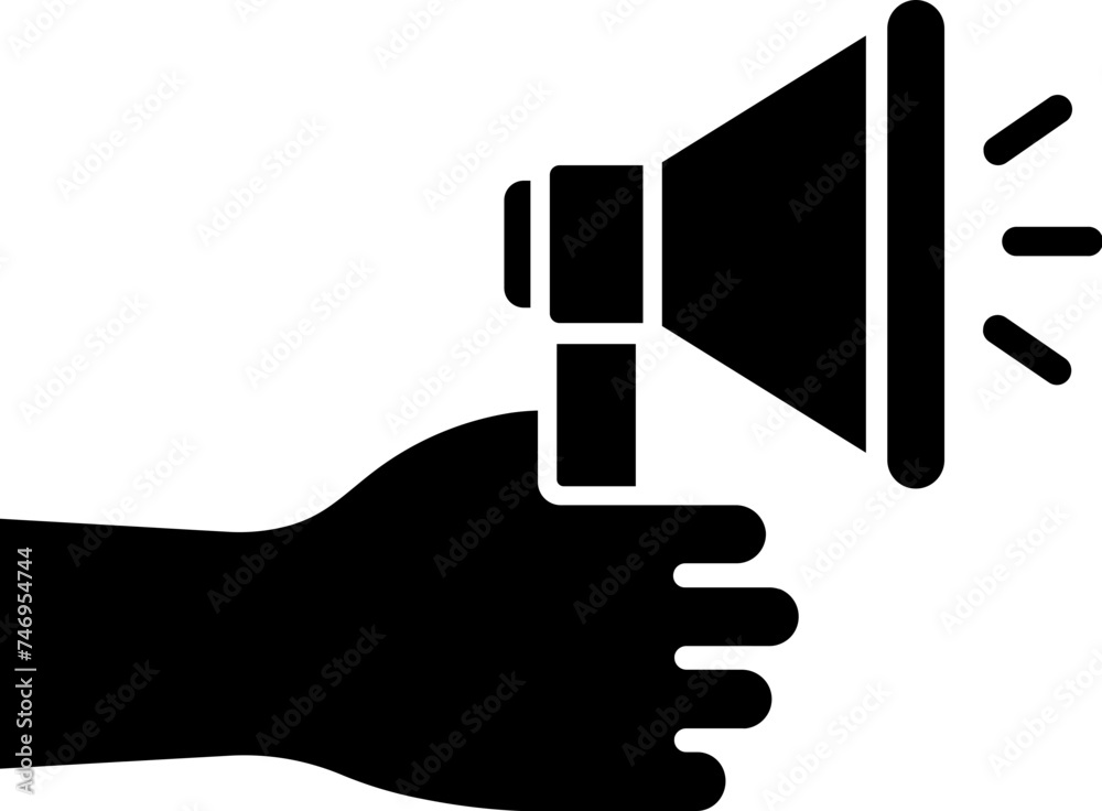 Sticker hand holding megaphone for advertising concept. glyph icon or symbol.