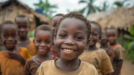 Group of young African boys in the village. Happy and smiling. - obrazy, fototapety, plakaty