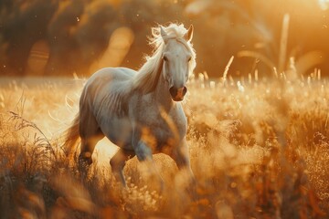 Beautiful breed horse running in the field in summer - obrazy, fototapety, plakaty