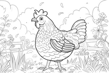Fototapeta na wymiar Black and white illustration for coloring animals, hen.