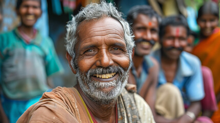 Group of old and young Indian villager men in a village in India. Happy and smilling.