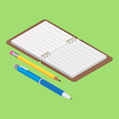 3D Render of Open book with Pen and Pencil on green background.