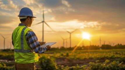 An engineer in a reflective vest and hardhat is inspecting a tablet with wind turbines in the background during sunset.