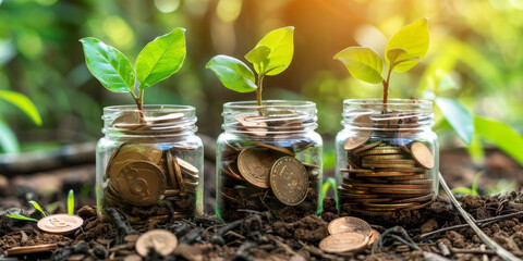 Investment Growth Concept with Plants and Coins.
Plants sprouting from coin-filled jars, denoting financial growth.