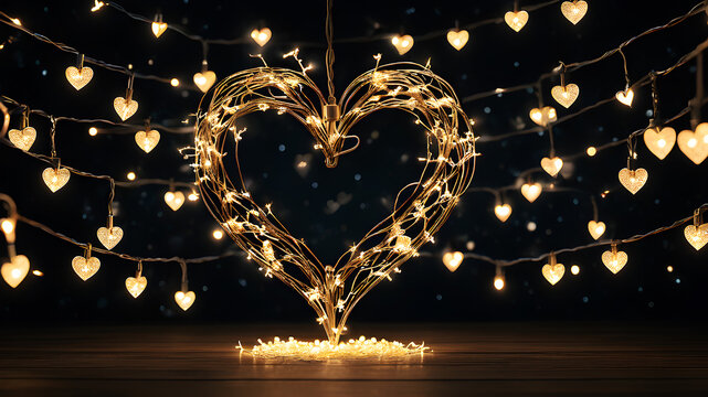 A heart-shaped constellation of fairy lights suspended in the darkness, forming a celestial and enchanting scene. This image might evoke the idea of gifts that bring light and joy into one's life, lik