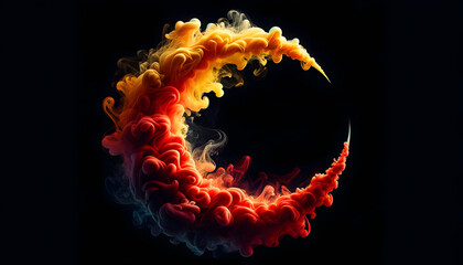 a crescent shape formed by red, yellow, and orange smoke against a black background, capturing the ethereal and fluid nature of the smoke