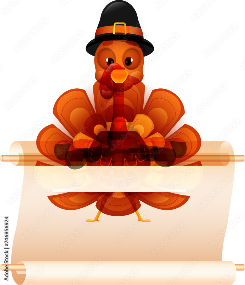 Sticker Illustration of turkey bird wearing pilgrim hat holding blank scroll paper given for your message.