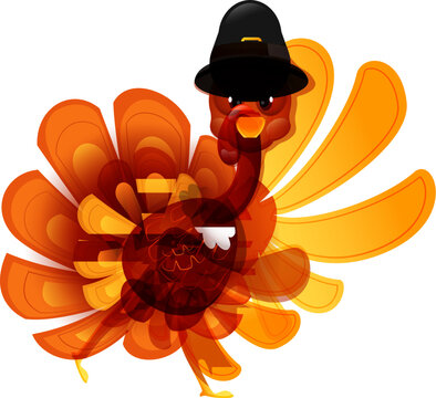 Illustration of turkey bird wearing pilgrim hat in running pose.