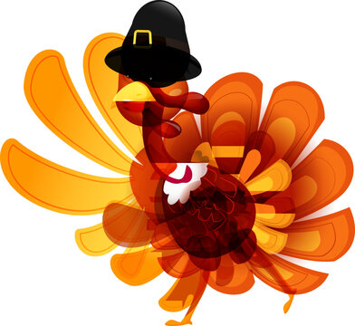 Frightened turkey bird wearing pilgrim hat in running pose.