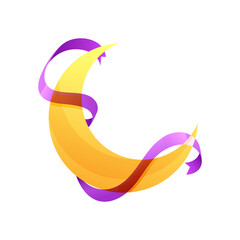 Yellow crescent moon decorated with purple ribbon.