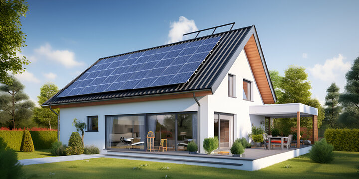 Modern house with solar panels on the roof, New suburban house with a photovoltaic system on the roof Modern eco friendly passive house, Photovoltaic or solar panels on a detached home with a yard in 