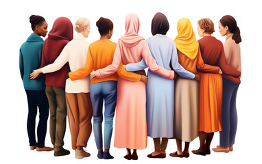 Varied Group of Women Standing in Unity Isolated on Transparent Background PNG.