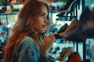 Portrait of beautiful young woman shopping new shoes in store. People shopping concept. - obrazy, fototapety, plakaty