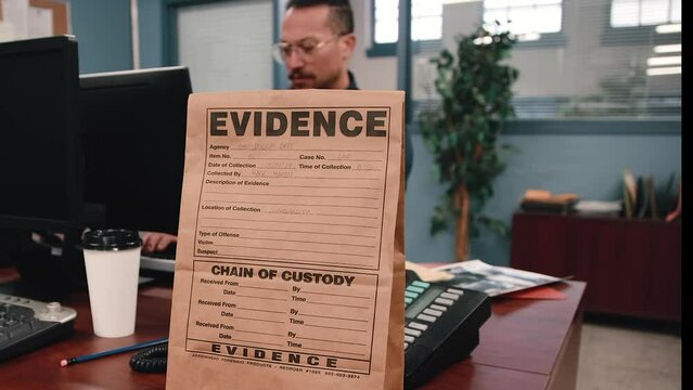 Steve zoom out from evidence bag to show police officer working at computer