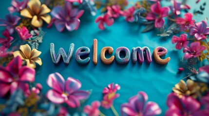 Colorful Welcome concept creative horizontal art poster. Photorealistic textured word Welcome on artistic background. Ai Generated Hospitality and Greetings Horizontal Illustration.