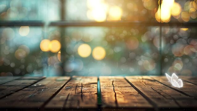  image of wooden table in front of abstract blurred rainy day. seamless looping overlay 4k virtual video animation background