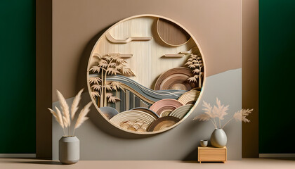 The Japandi style wall decoration featuring muted and wood tone colors in a 3D papercut art style. This ultra-realistic artwork, with high relief, showcases the minimalist design