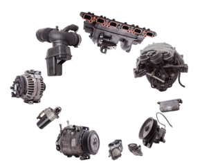 spare parts for car engine on white isolated background