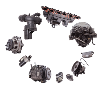 spare parts for car engine on white isolated background