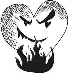 Burning heart shape with angry expression. Doodle sign or symbol.