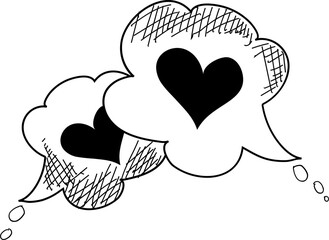 Hand drawn speech bubbles with heart icon.