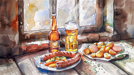 Grilled  sausages, potatoes on table in traditional restoran. Banner