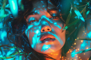 Neon portrait of woman and nature.  Model universe.