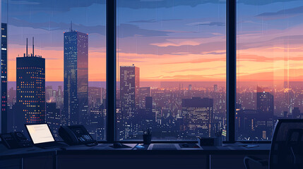 View from office window on city. Workspace modern illustration.