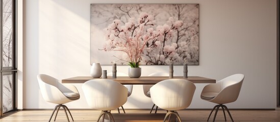 A modern dining room table surrounded by white chairs is featured against a wall with a painting. The setting exudes a clean and crisp aesthetic, perfect for gatherings and meals.