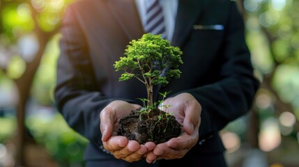 Business Executive Holding a Growing Tree Symbolizing ESG