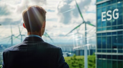 Business Executive Overlooking Green Energy Wind Turbines
