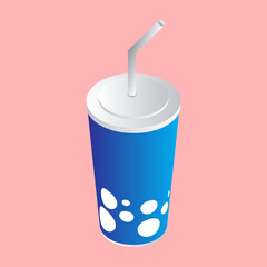 Realistic soft drink disposable glass on pink background.