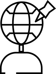 World globe with location pointer icon in black line art.