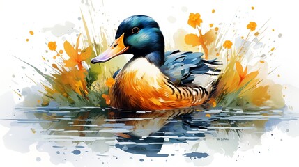 watercolor vector illustration of cute ducklings swimming in the river on a white background