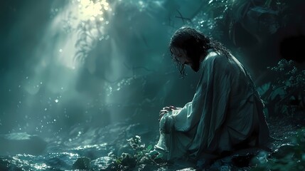 A dramatic portrayal of Jesus praying in the Garden of Gethsemane, bathed in moonlight. - obrazy, fototapety, plakaty