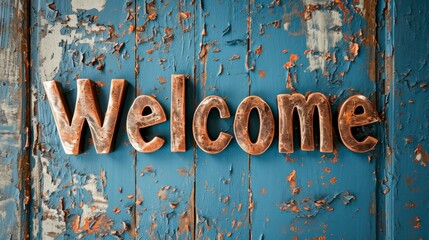 Copper Welcome concept creative horizontal art poster. Photorealistic textured word Welcome on artistic background. Ai Generated Hospitality and Greetings Horizontal Illustration.