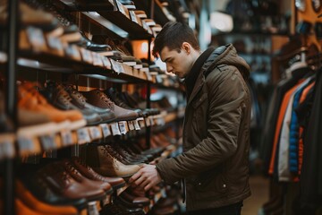 portrait of a Young man is looking for new shoes in shoe shop - obrazy, fototapety, plakaty