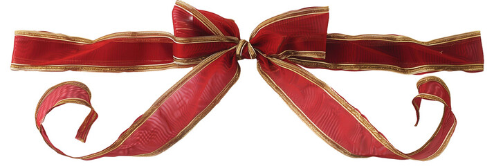 An elegant red satin ribbon bow with delicate gold trim, presenting a classic gift decoration, isolated on a white background.
