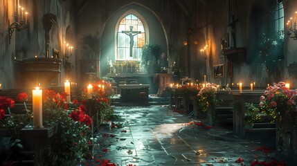 A serene scene of a church interior, with candles flickering in front of a crucifix.