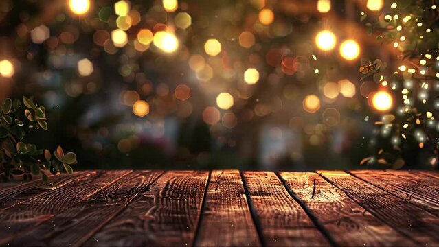 empty wooden table with a beautiful color bokeh. night at the outdoor restaurant. seamless looping overlay 4k virtual video animation background