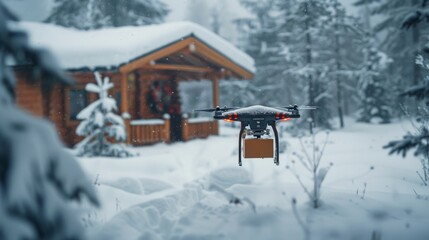 Over a snowy landscape, a drone braves the elements to deliver supplies to a remote cabin