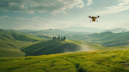 Against a backdrop of rolling hills, a drone flies gracefully, carrying a package as it seamlessly integrates into rural logistics - obrazy, fototapety, plakaty