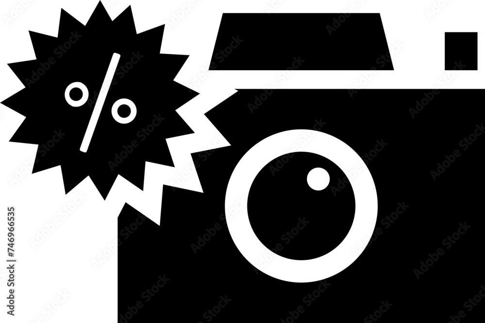 Poster Digital camera sale discount icon in flat style.