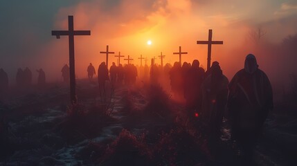 A solemn procession of people carrying crosses through a misty morning, with the sun rising in the background.